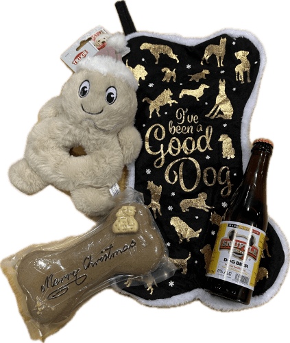 Fyldt julestrømpe M/julekake, juleleke & hundeøl
