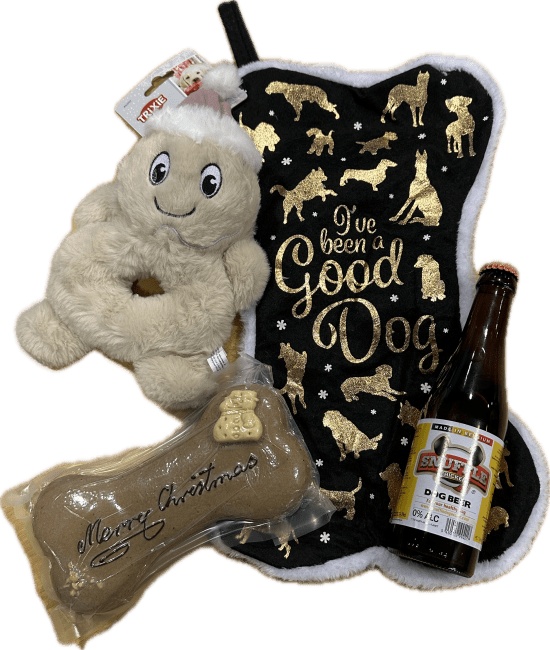 Fyldt julestrømpe M/julekake, juleleke & hundeøl