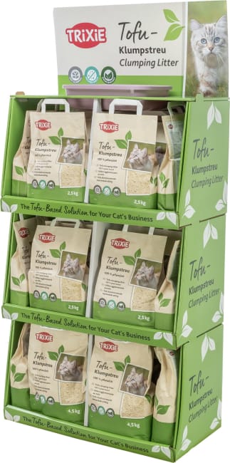 Tofu Kattesand Display Inkl. 24x6l, 12x10l & Kattebakke M/Prøvepose