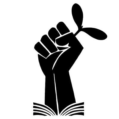 A fist, held aloft in resistance, clasping a seedling.