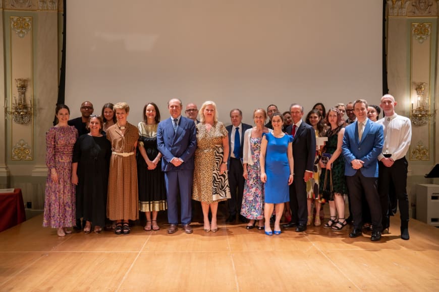 (From left to right) Edilia Gänz, Director of FEDORA, Benoit Swan Pouffer, Artistic Director of Rambert, Laura Berman, Designated Artistic Director Staatsoper Hannover  Helen Shute, Chief Executive & Executive Producer of Rambert Judith Mackrell, Dance Writer, The Guardian UK, Sibylle Gallardo-Jammes, International Communications Director of Van Cleef & Arpels, Philippe Donnet, CEO of Generali Group, Maestro Fortunato Ortumbina, Sovrintendente of Teatro La Fenice di Venezia, Barbara Gessler, Head of Unit Creative Europe of the European Commission, Nicholas Payne, Director of Opera Europa, Christine Bastin, Choreographer of Touche le ciel, Giorgos Matskaris, Dancer/ Movement Supervision,  Orianne Vilmer, Cofondatrice & CEO of La Fabrique de la Danse, Niki Xenou, Artistic Associate GNO – Development & Fundraising,  Jérôme-François Zieseniss, President of FEDORA, Ann Kristin Sofroniou, Musician at Greek National Opera, Hannah Griffiths, General Manager, Birmingham Opera Company Rhian Hutchings, Chair of RESEO, David B. Devan, General Director & President of Opera Philadelphia, Ted Huffman, Stage Director of Denis & Katya, Valérie Chevalier, General Director of Opéra Orchestre national Montpellier, Philip Venables, Composer of Denis & Katya