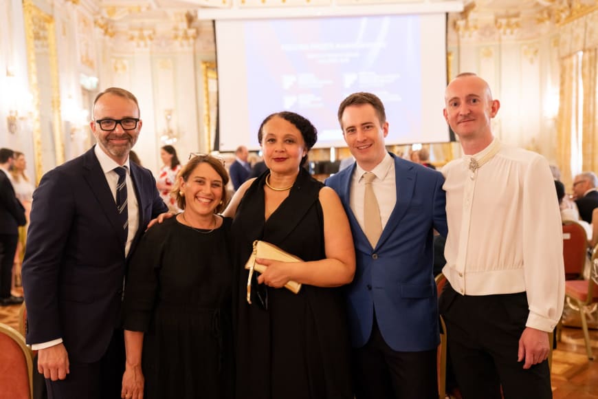 (From left to right) David B. Devanm General Director & President of Opera Philadelphia Laura Berman, Designated Artistic Director Staatsoper Hannover, Valérie Chevalier, General Director of Opéra Orchestre national Montpellier Occitanie, Ted Huffman, Stage Director of Denis & Katya, Philip Venables, Composer of Denis & Katya