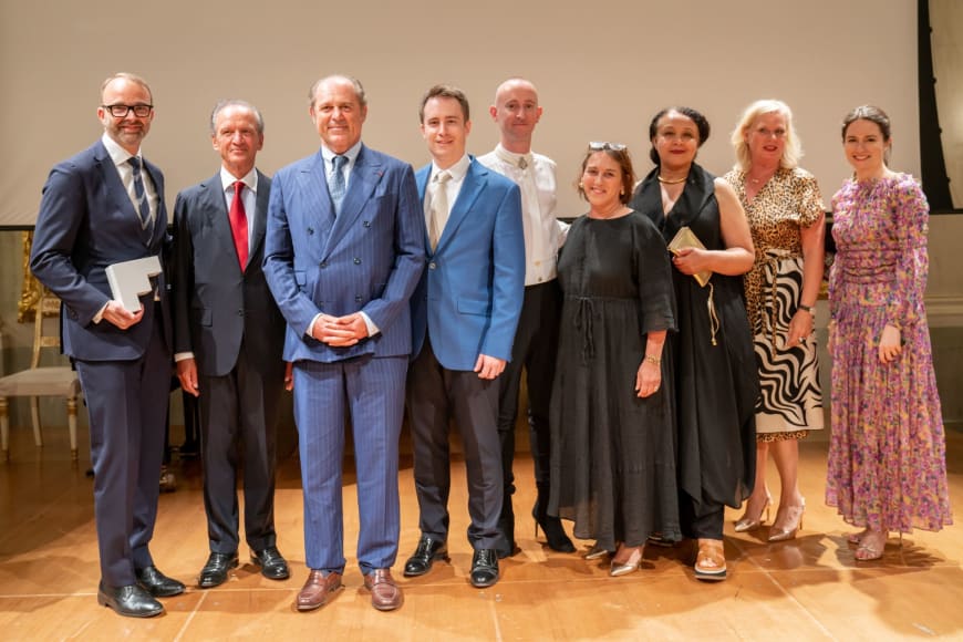 (From left to right) David B. Devan General Director & President, Jérôme-François Zieseniss, President of FEDORA, Philippe Donnet, CEO of Generali Group Ted Huffman, Stage Director of Denis & Katya  Philip Venables, Composer of Denis & Katya Laura Berman, Designated Artistic Director Staatsoper Hannover  Valérie Chevalier, General Director of Opéra Orchestre national Montpellier Barbara Gessler, Head of Unit Creative Europe of the European Commission Edilia Gänz, Director of FEDORA