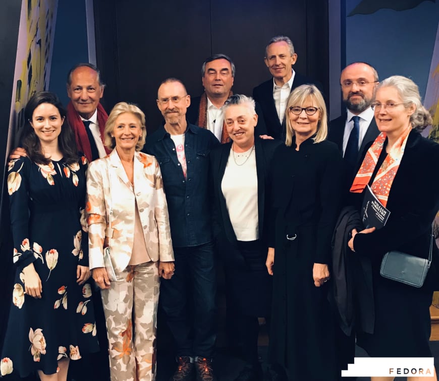 Photo: (From left to right) Edilia Gänz, Director of FEDORA, Maître Edouard de Lamaze, President of Carlara International and Board Member of FEDORA and Mrs Priscilla de Lamaze, William Forsythe, Choreographer of A Quiet Evening of Dance, Pierre-Yves Geels, Ruth Mackenzie, Artistic Director of the Theatre du Chatelet, Alistair Spalding, Artistic Director and Chief Executive of Sadler's Wells, Mrs Annika Levin, Board Member of FEDORA, Maître Gianmarco Monsellato, Partner at Deloitte and Treasurer of FEDORA, Mrs Anne-Hélène Monsellato