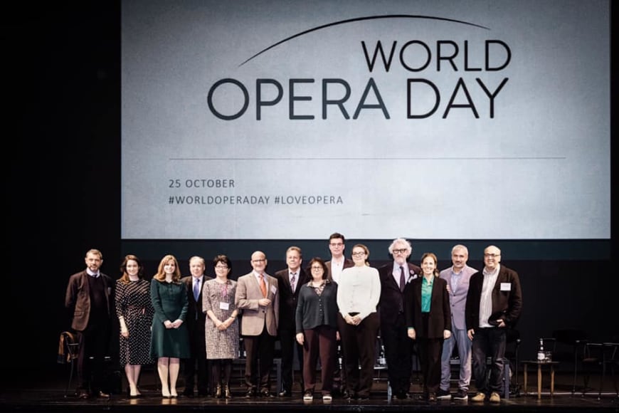 (from left to right) Jean-Yves Kaced (FEDORA), Edilia Gänz (FEDORA), Julia Lagahuzère (Opera for Peace), Nicholas Payne (Opera Europa), Jicheng Zhao (NCPA Beijing), Marc Scorca (OPERA America), Tobias Biancone (International Theatre Institute, Laurence Lamberger-Cohen (ROF), Marc Grandmontagne (Deutscher Bühnenverein), Christina Loewen (Opera.ca), Peter Spuhler (Badisches Staatstheater Karlsruhe), Audrey Jungers (Opera Europa), Ernesto Ottone (UNESCO), George Isaakyan (Association of Music Theatres Russia)