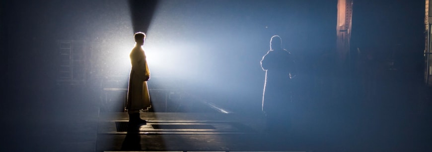Matthew Leonhart (Marco Polo) and Danny Sapani (Kublai Khan) in Invisible Cities @ Mayfield, part of Manchester International Festival.