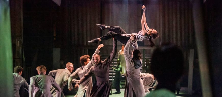 A scene from Invisible Cities, adapted by Lolita Chakrabarti @ Mayfield, part of Manchester International Festival. Directed by Leo Warner. Co-Director and Choreographer Sidi Larbi Cherkaoui. With Dance by Rambert and Concept and Design by 59 Productions.