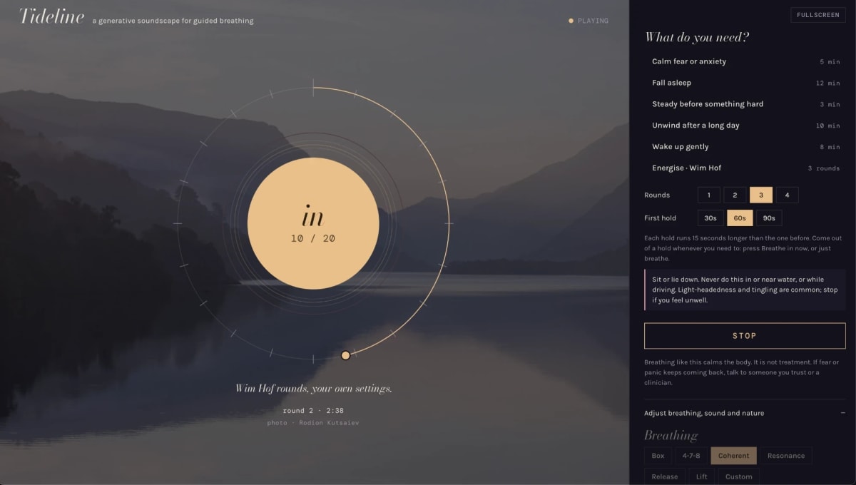 The UnderBreath player in a browser: the breathing orb in its ring over a misty lake, the What do you need? list beside it