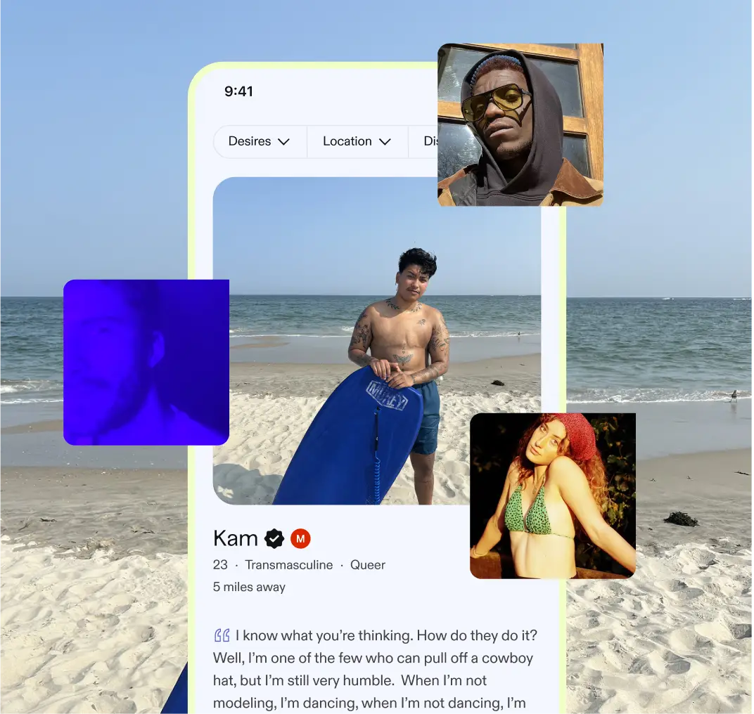 A Feeld profile for Kam, 23, Transmasculine, Queer, 5 miles away. Kam stands shirtless on a beach holding a blue bodyboard. Three smaller profile photos float around the phone. The bio begins: "I know what you're thinking. How do they do it?"