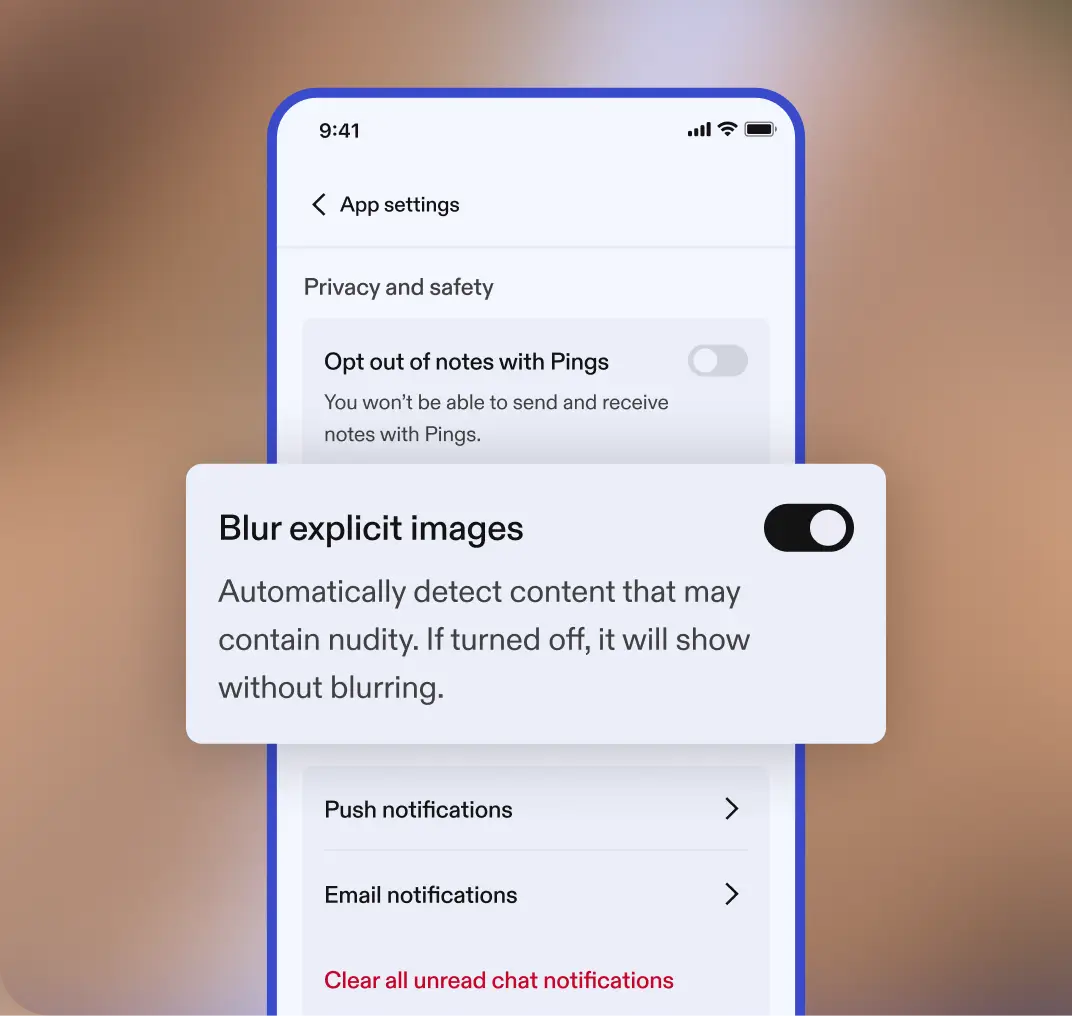 An App settings screen under "Privacy and safety," showing an "Opt out of notes with Pings" option. An overlaid panel reads "Blur explicit images" with a toggle: "Automatically detect content that may contain nudity. If turned off, it will show without blurring."