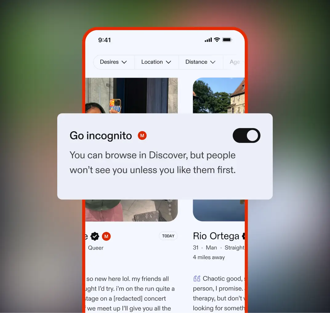 Feeld Discover screen with filter tabs (Desires, Location, Distance, Age) above profile cards. An overlaid panel reads "Go incognito" with a toggle, and the text: "You can browse in Discover, but people won't see you unless you like them first."