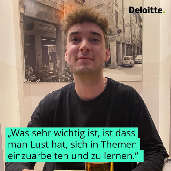 Zitat im Bild: „Wichtig ist, Lust zu haben, sich in neue Themen einzuarbeiten und zu lernen.“