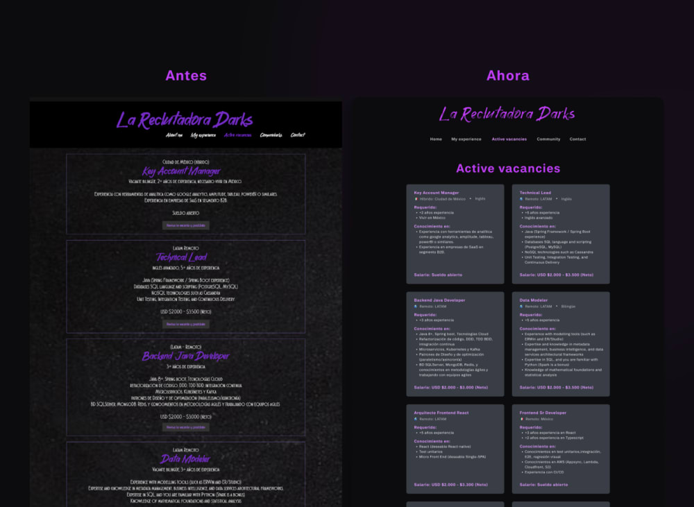 Comparación del diseño de la página de 'Vacantes' anterior y la actual.