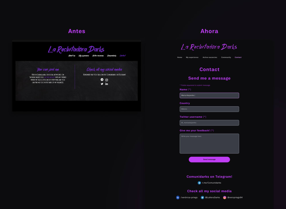 Comparación del diseño de la página de 'Contacto' anterior y la actual.