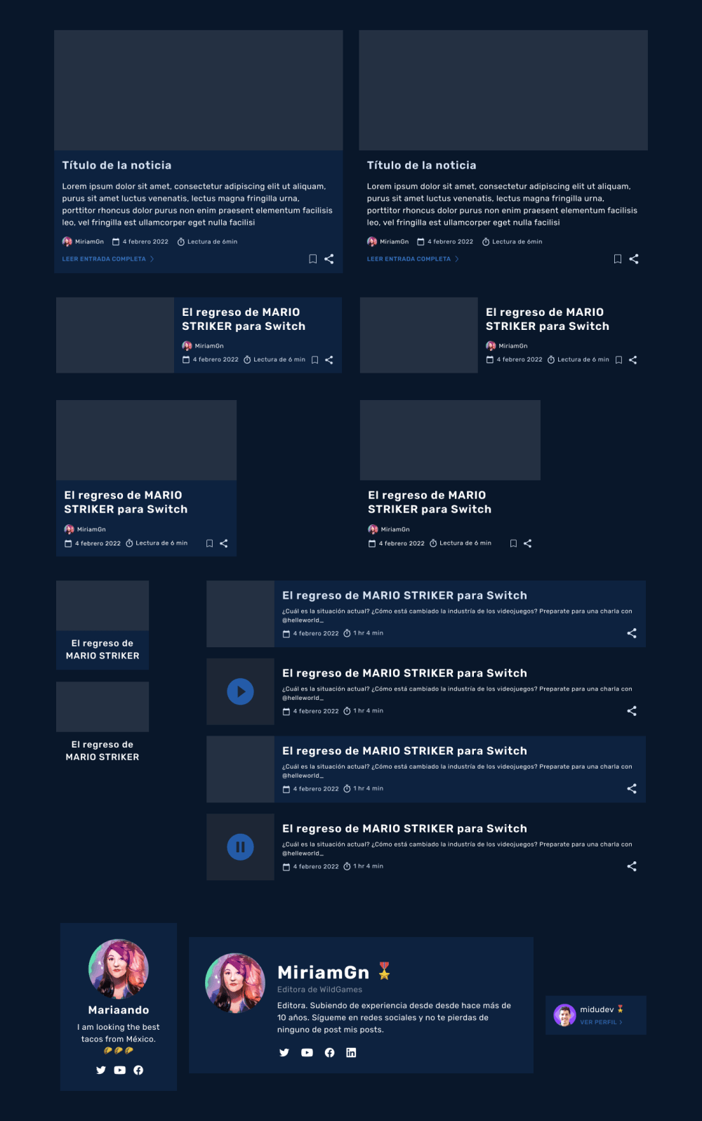 Conjunto de los distintos tipos de componentes 'Cards' y sus estados