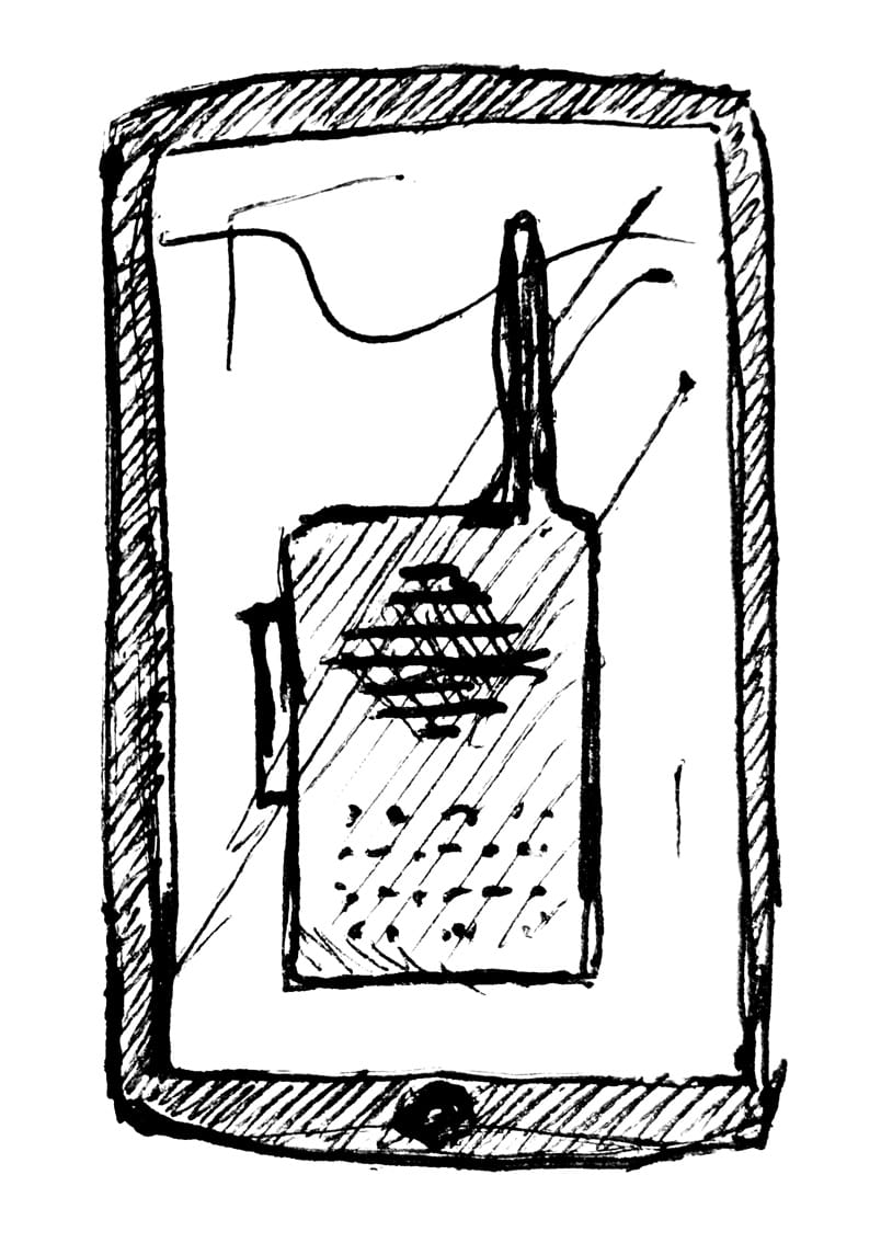 A sketched phone shows an image of an old-style walkie talkie on the cell phone screen