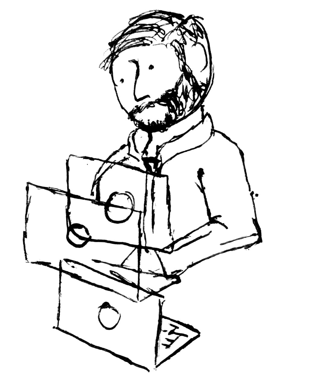 A sketched drawing of Christan Fergus shows him working on his laptop