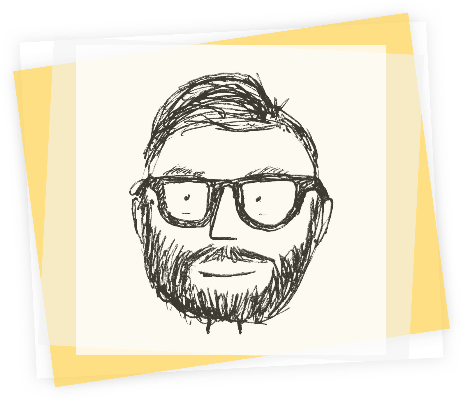 A cartoonish representation of Christan Fergus sporting glasses and a beard