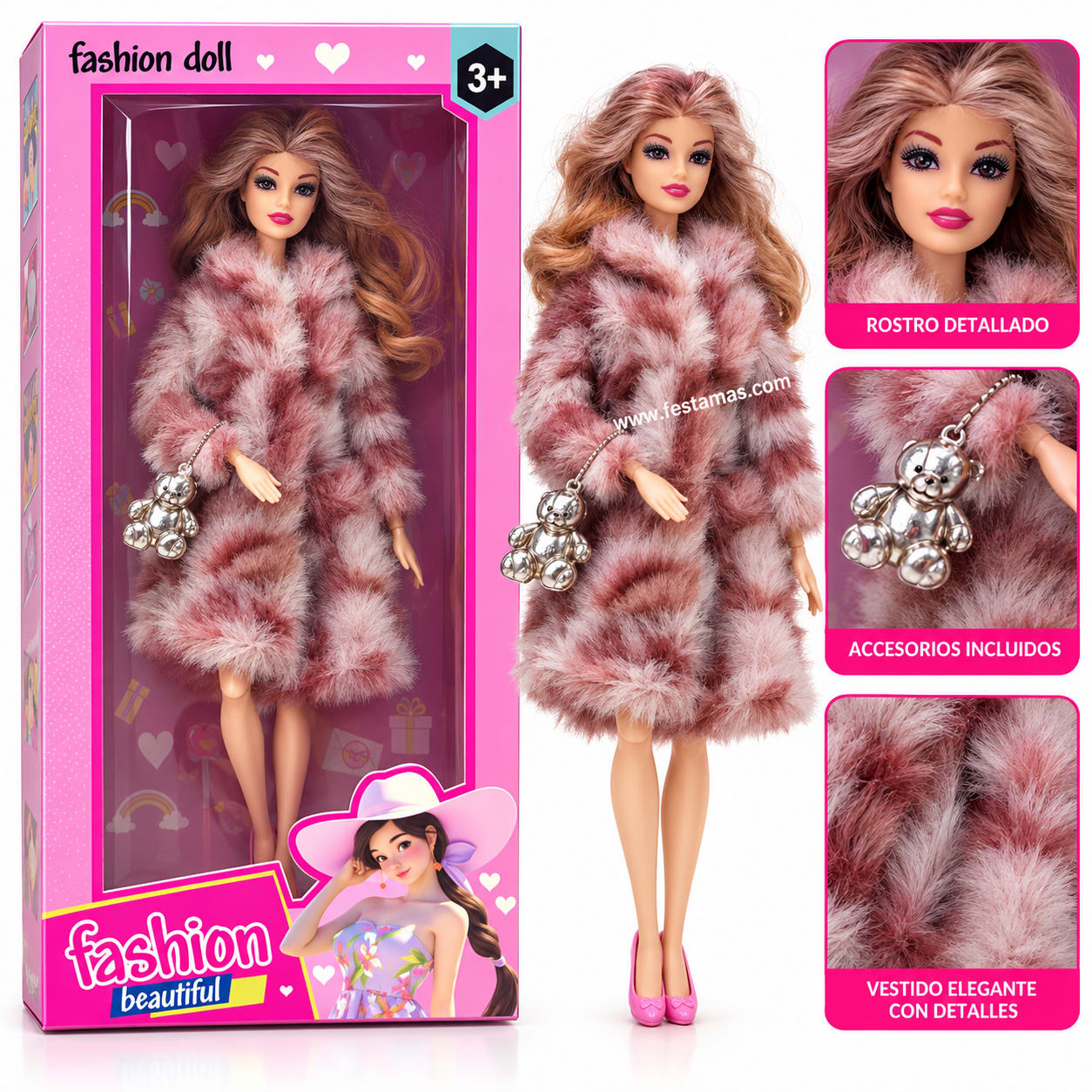 Muñeca Fashion Doll con Abrigo de Peluche Rosado y Accesorio, foto 1 de 2