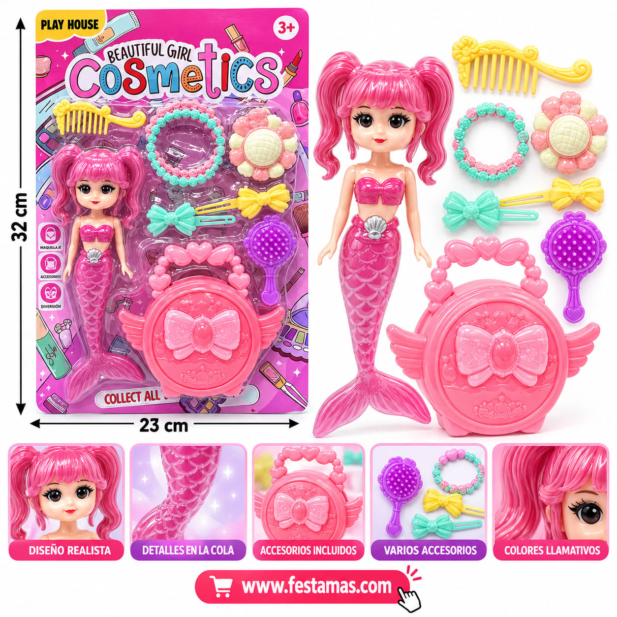 Muñeca Sirena Infantil con Accesorios de Belleza
