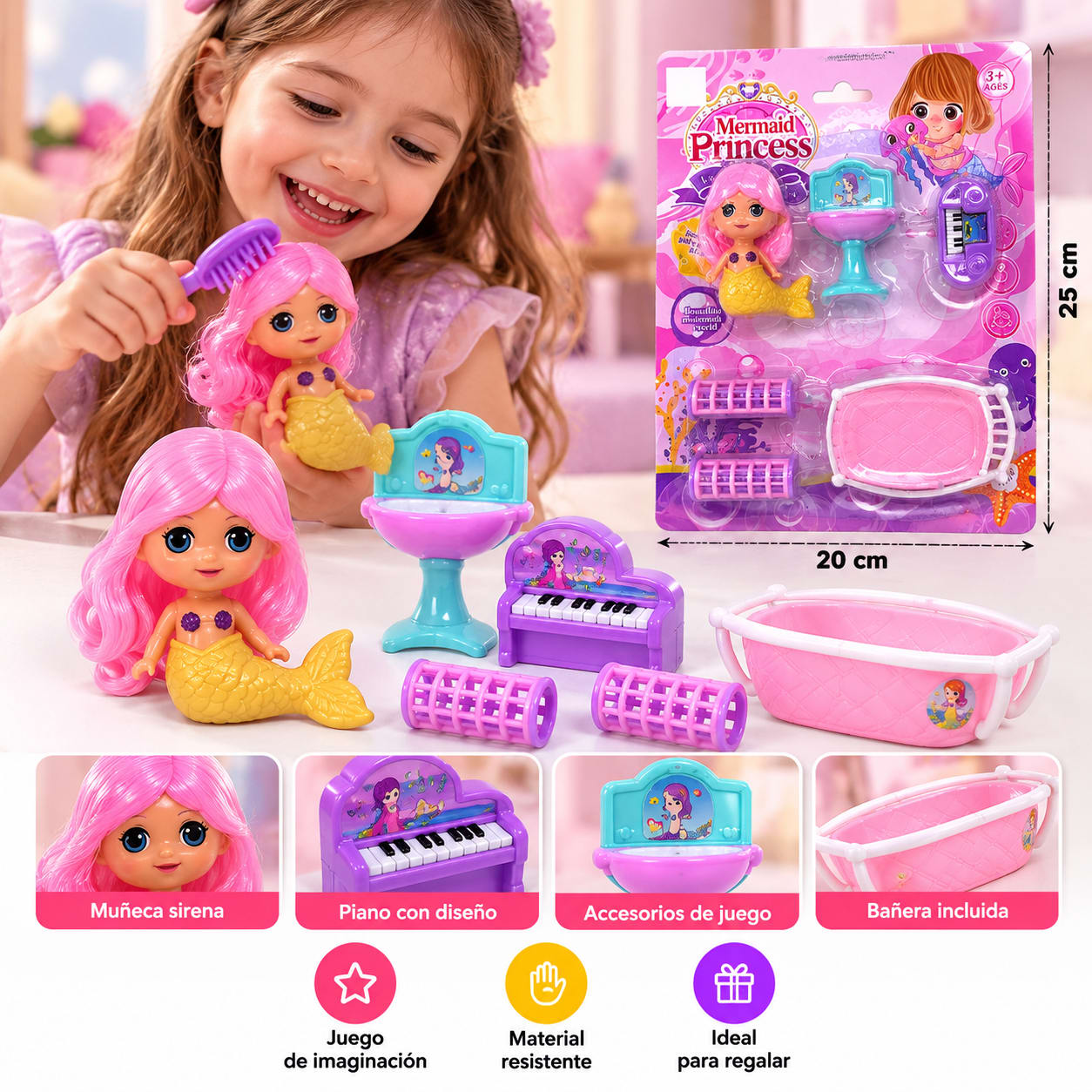 Muñeca Sirena blister con Bañera y Accesorios de Juego 