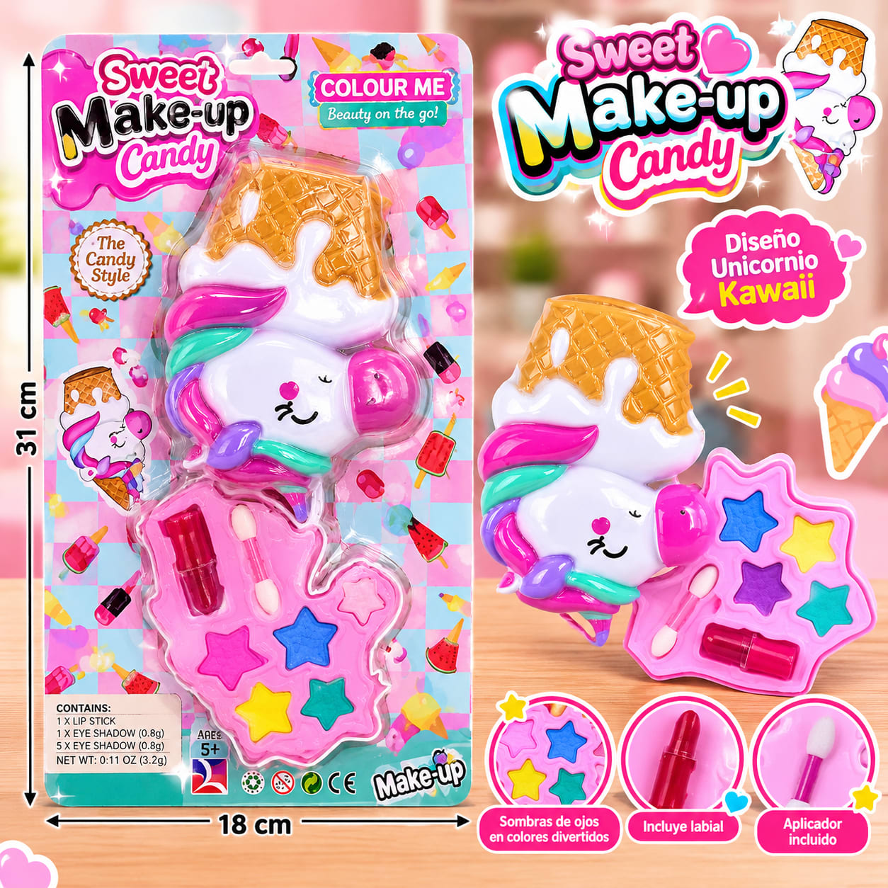 Set Candy de Maquillaje Infantil Unicornio con Sombras y Labial