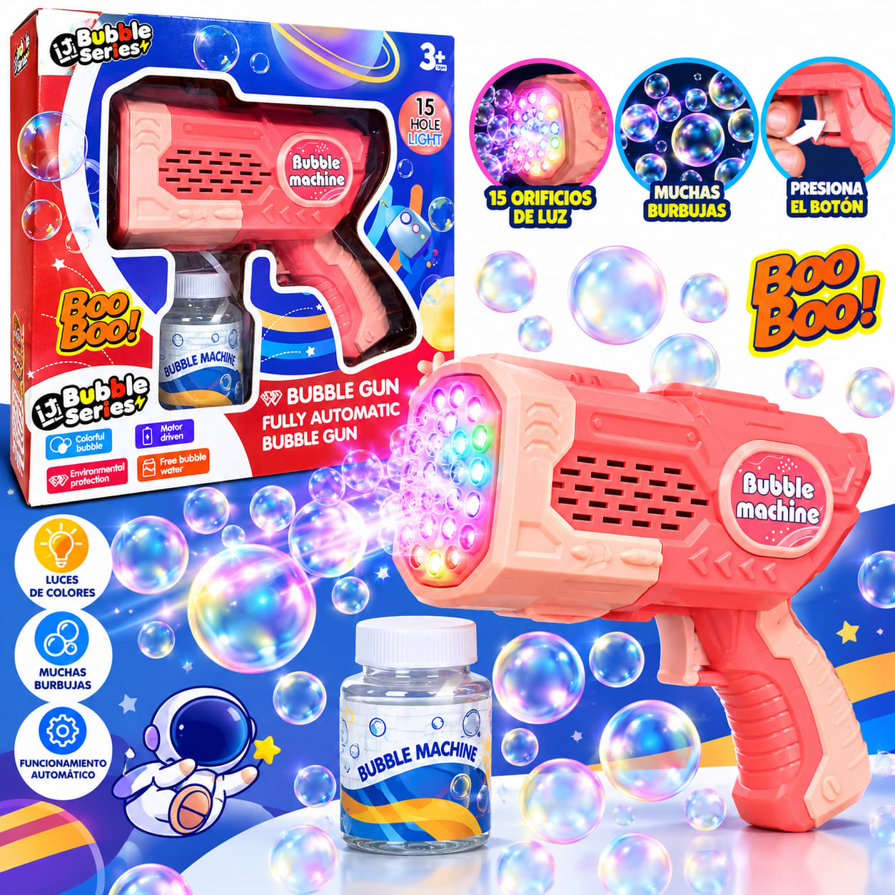 Pistola Lanzaburbujas Space Blaster con Luces – Rosado