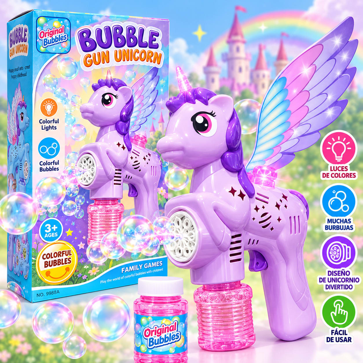 Pistola de Burbujas Unicornio con Luces – Fantasy Wings