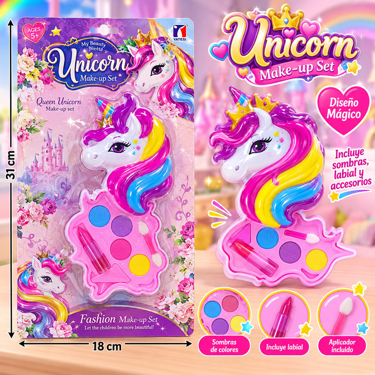 Set de Maquillaje Infantil Unicornio con Sombras y Labial