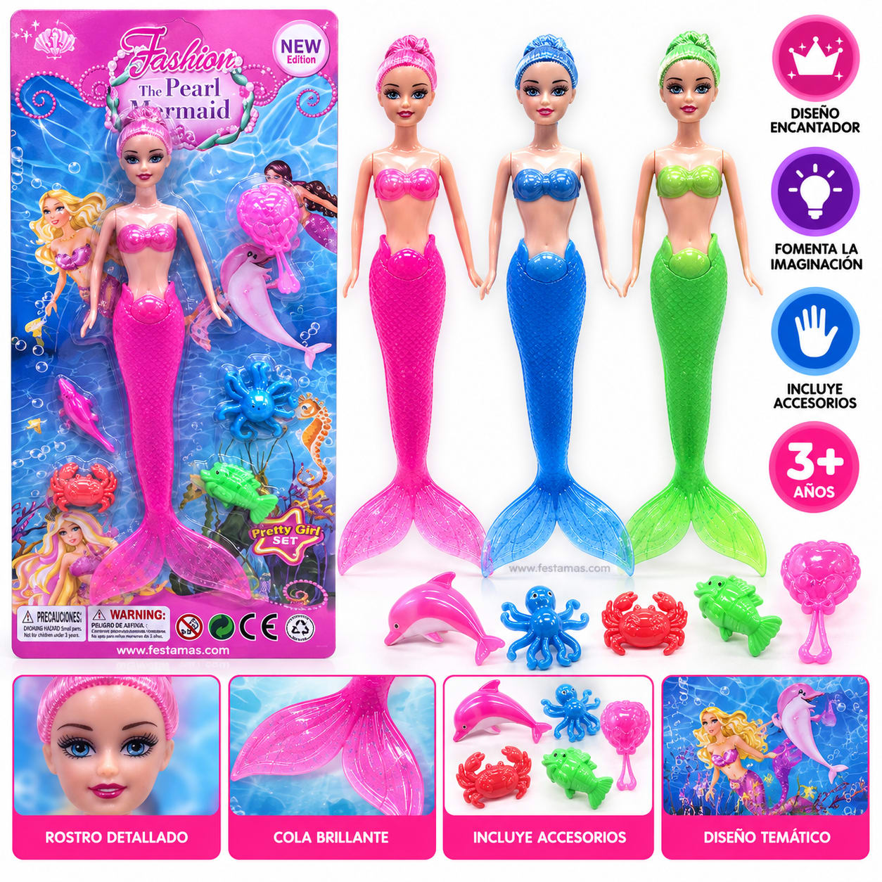 Muñeca Sirena con Cola Brillante y Accesorios – Colores Surtidos