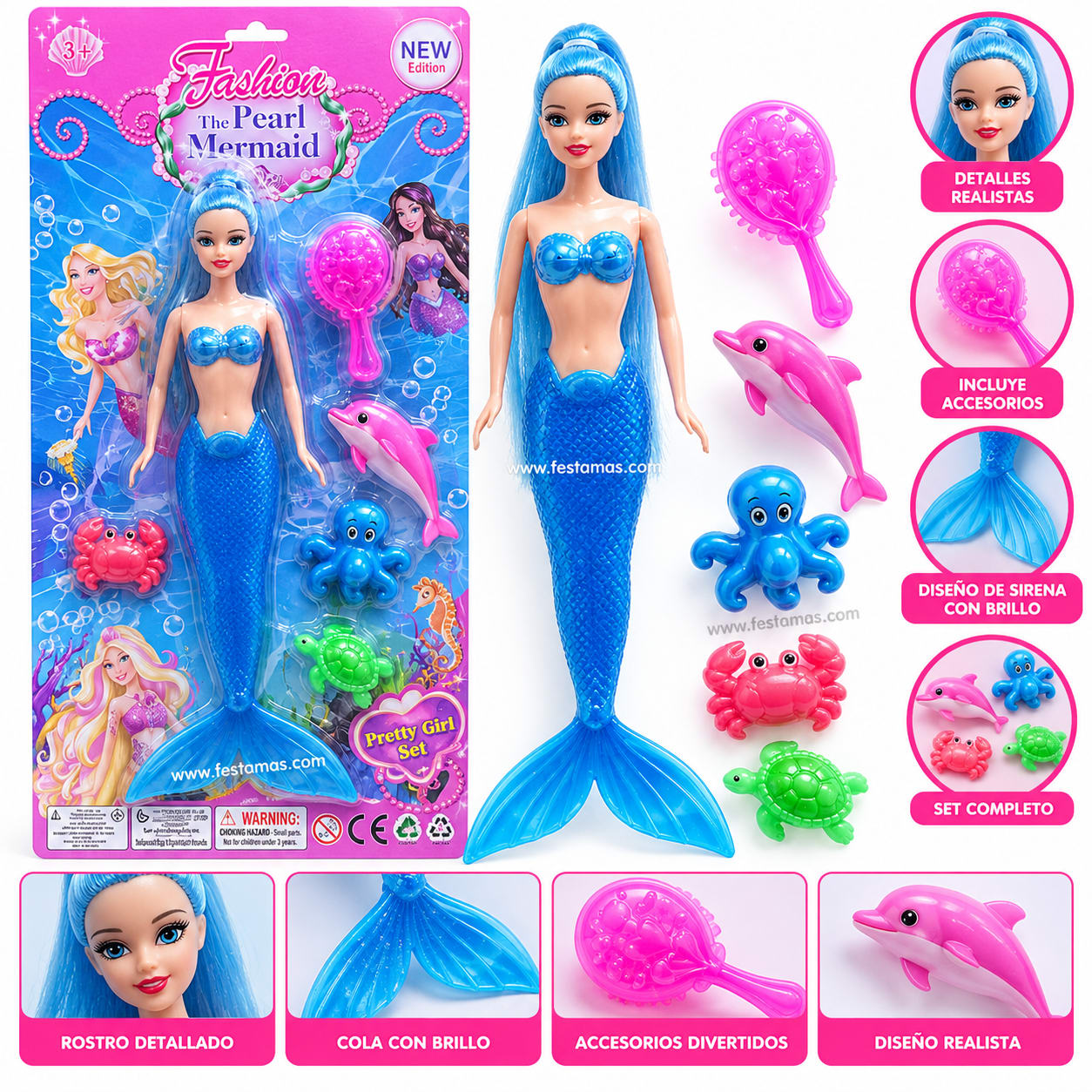 Muñeca Sirena Azul con Accesorios y Animales Marinos