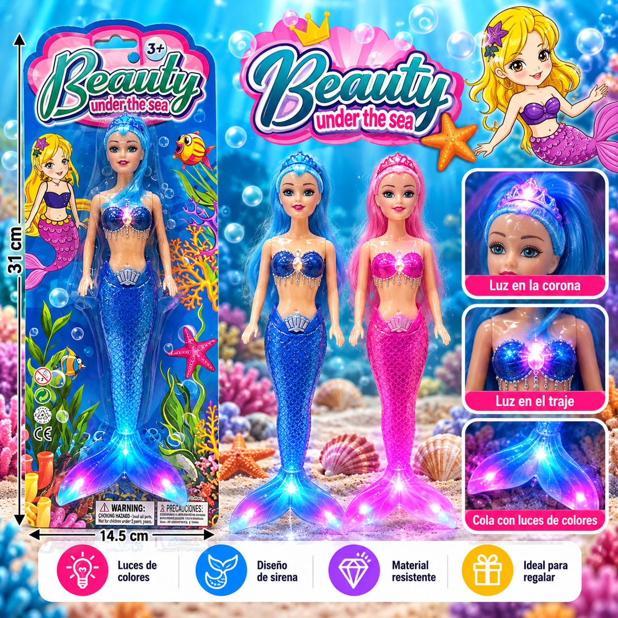 Muñeca Sirena con Luces LED en Corona y Cola – Azul o Rosado