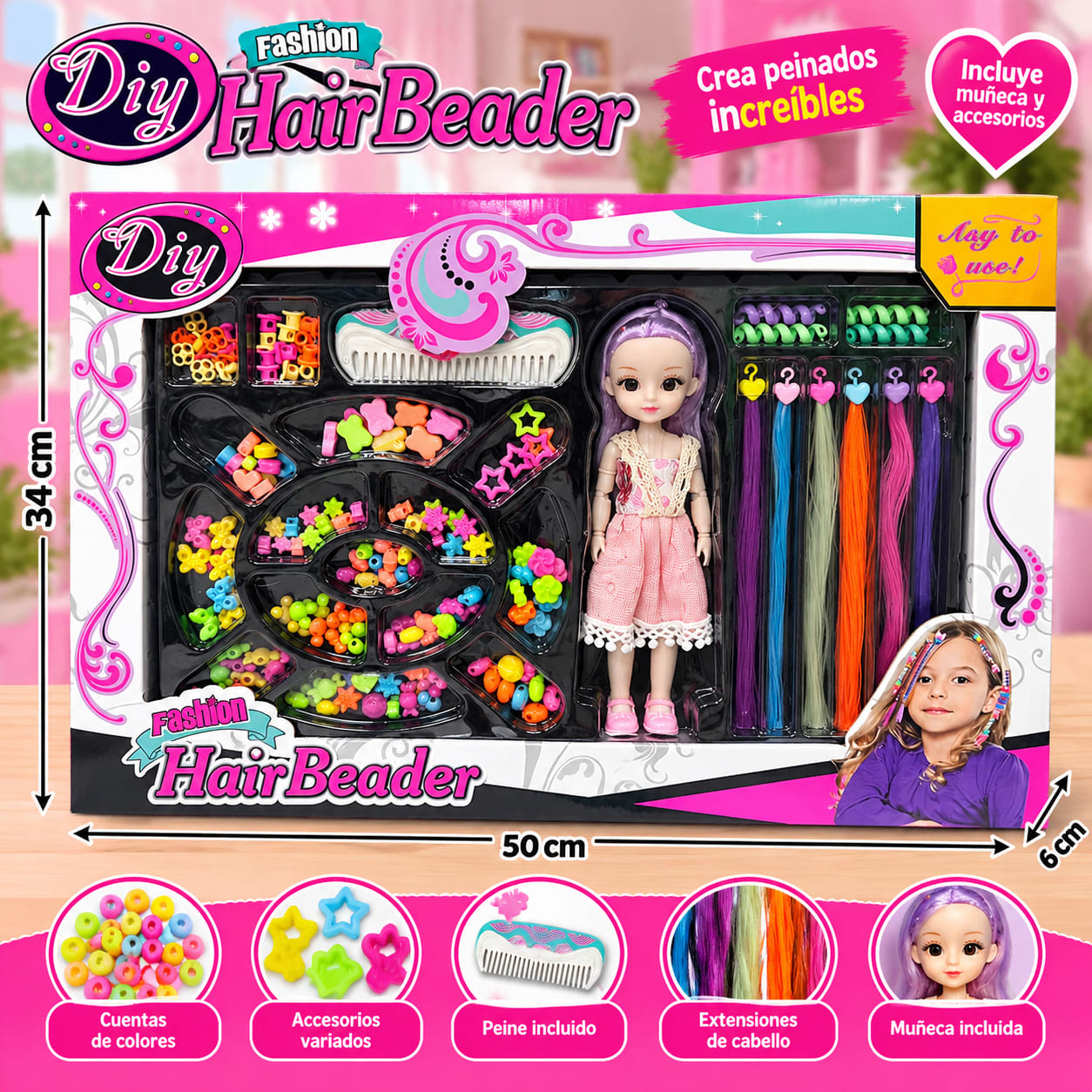 Set Creativo de Peinados con Cuentas Muñeca y Accesorios