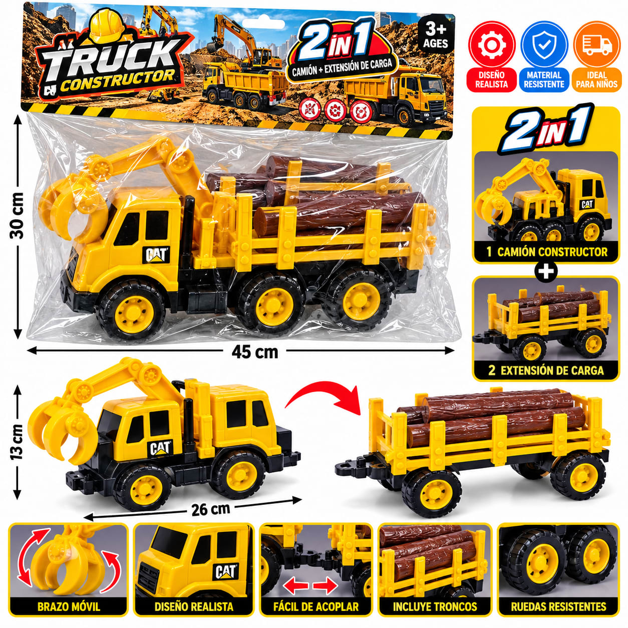 Carro Constructor 2 en 1 con Brazo Móvil y Remolque de Carga
