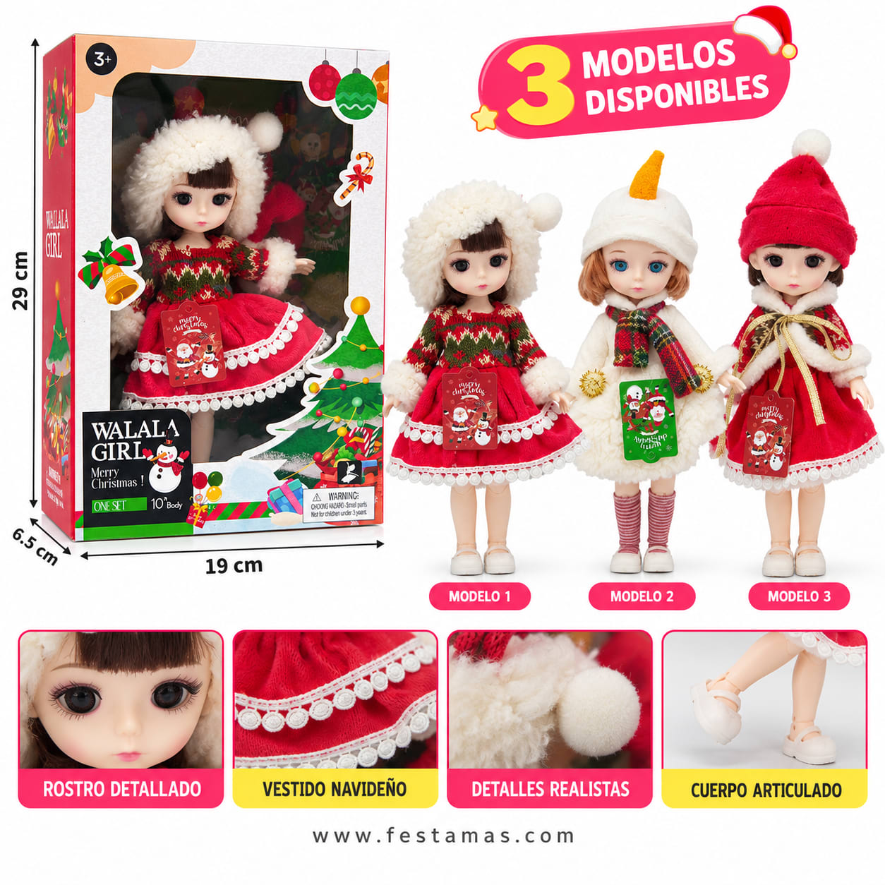 Muñeca Navideña Articulada con Vestido y Gorro – 3 Modelos