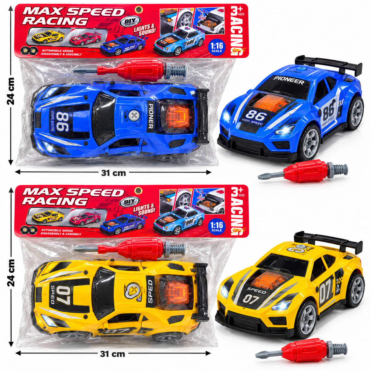 Auto Deportivo de Carreras Armable con Luces y Sonido 1:16