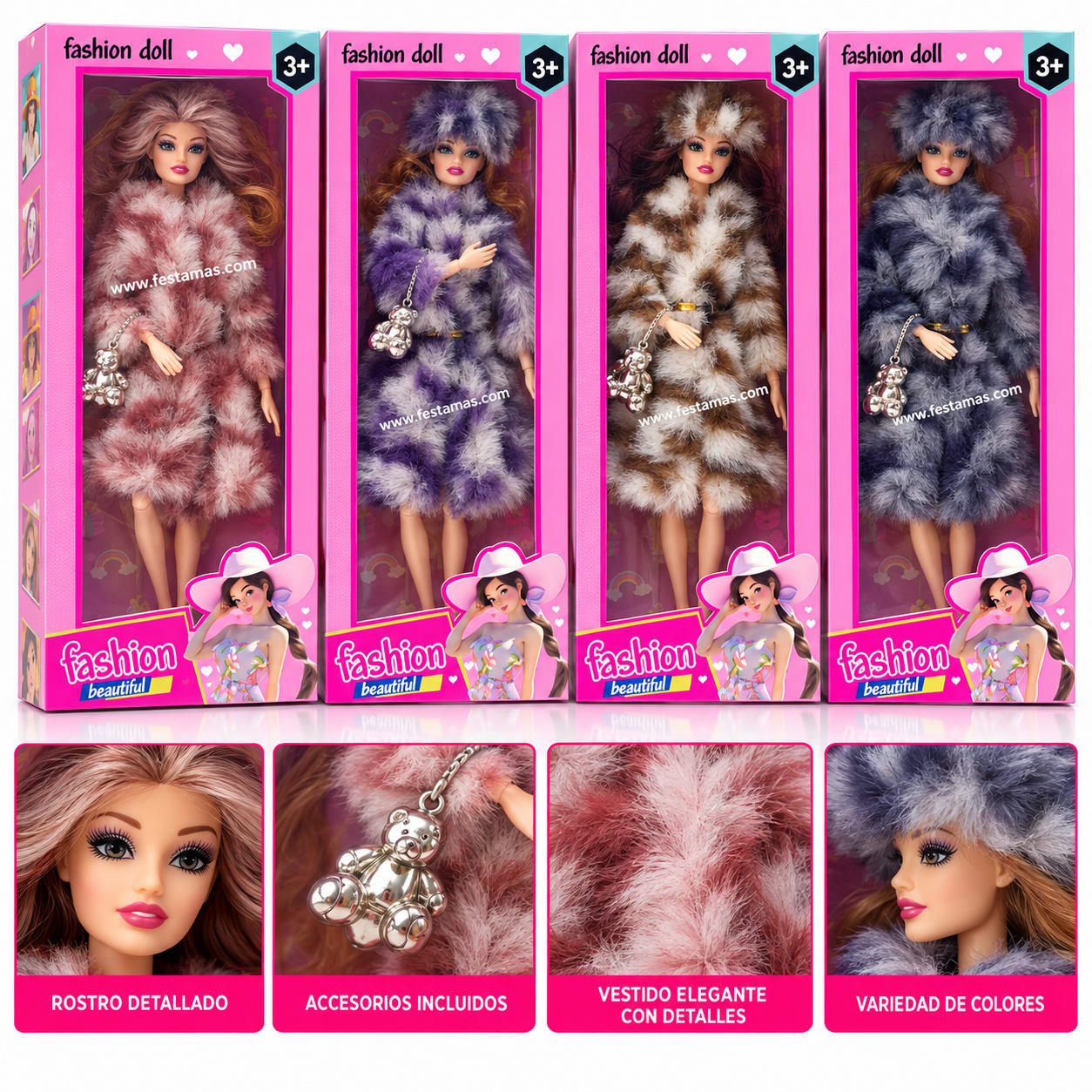 Muñeca Fashion Doll con Abrigo de Peluche Rosado y Accesorio, foto 2 de 2