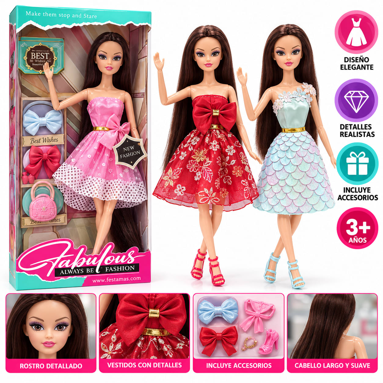 Muñeca de Moda Fabulous con Vestido Elegante y Accesorios, foto 2 de 2