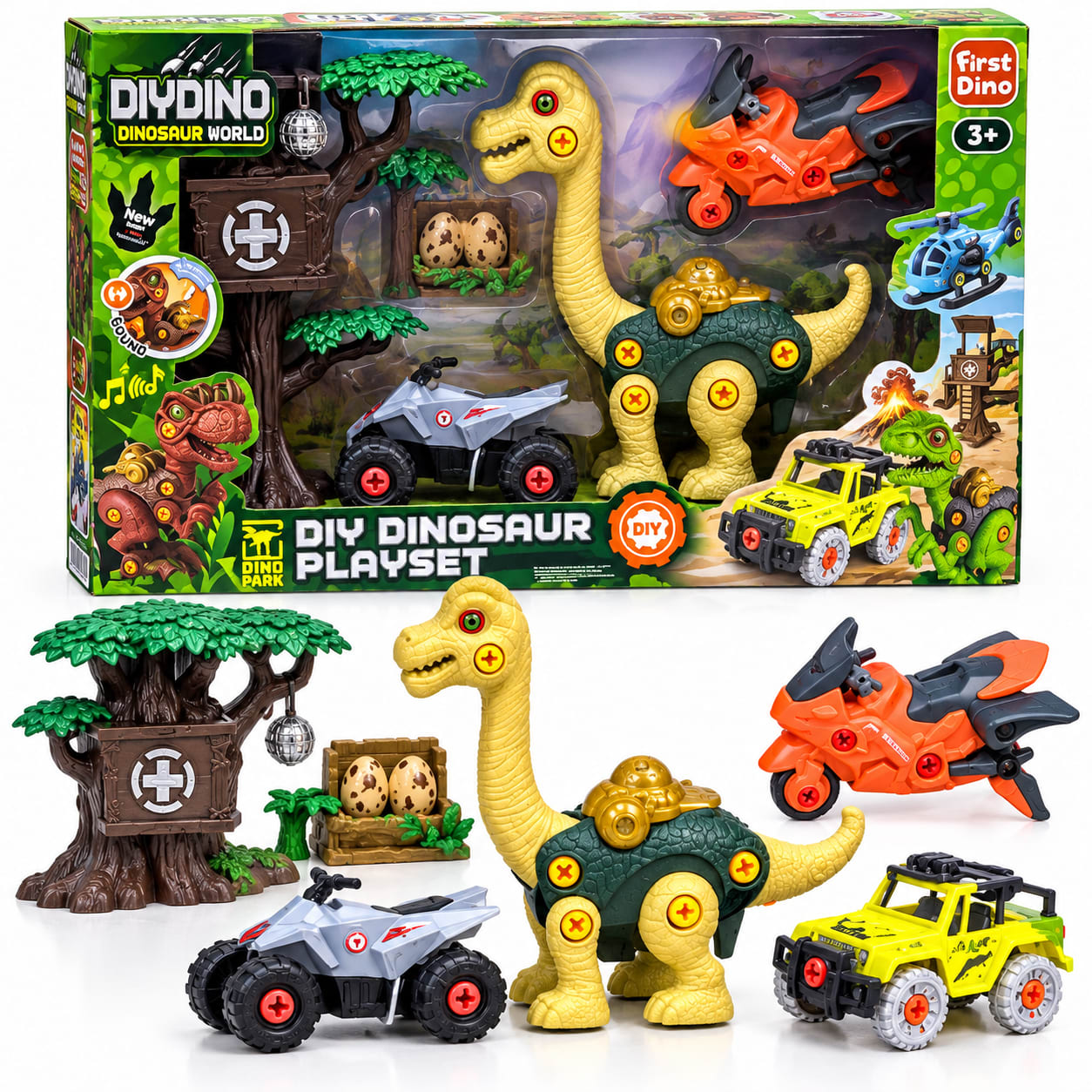 Set de Dinosaurio chico Armable con moto y Accesorios