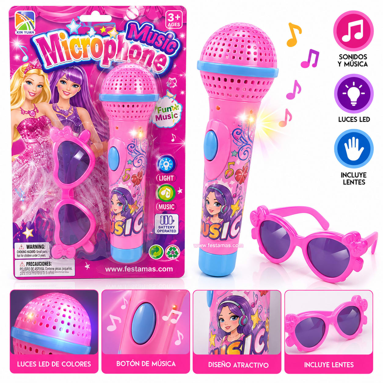 Micrófono Musical de Juguete Rosado con Luces LED y Lentes