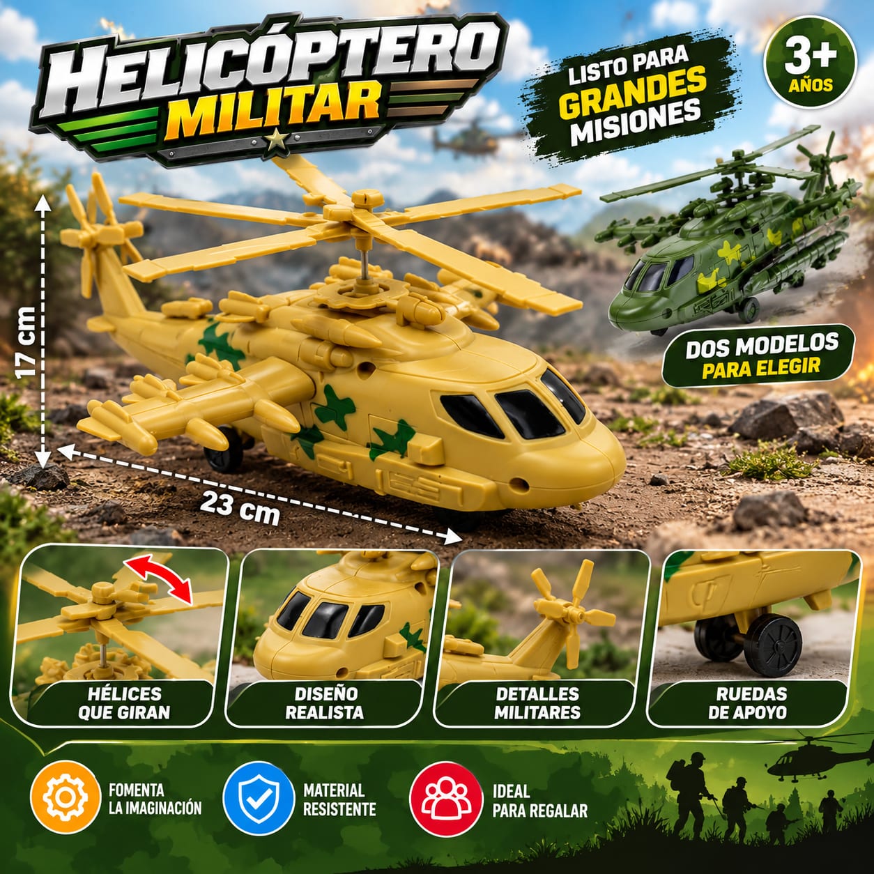 Helicóptero Militar de Juguete con Hélices Giratorias 