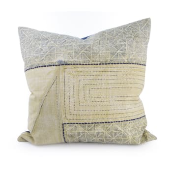 Putetrekk i tykk canvas håndmalt m/stikninger gul/blå 60x60 cm