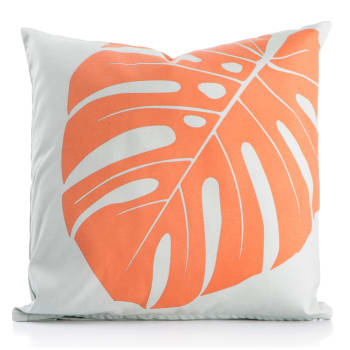 Pute m/polyester fyll grå m/korall monstera blad 45x45