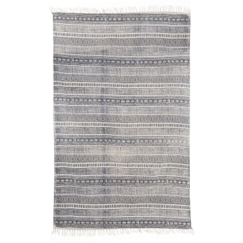 Teppe offwhite/blå striper m mønster i bomull120x180 cm