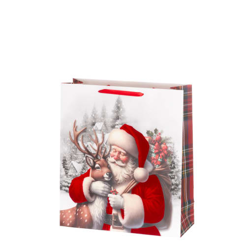 Gavepose Julenissen og reinsdyr 24x18x8 cm