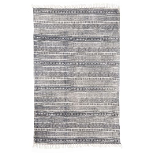 Teppe offwhite/blå striper m mønster i bomull120x180 cm