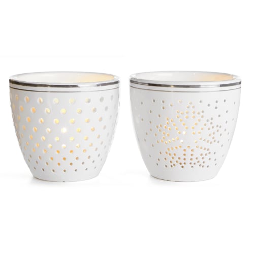 Telysglass 2 ass m/utstanset mønster hvit m/gullkant