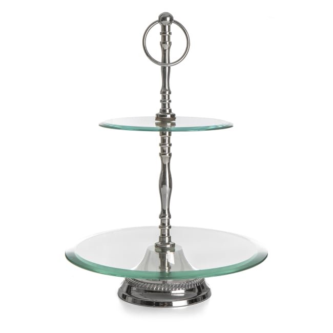 Etagefat glass 2 etager på aluminiumsfot H:31 cm