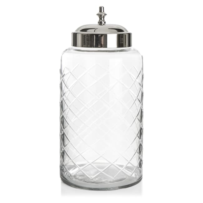 Glasskrukke m/slipning og sølvlokk H:27 cm