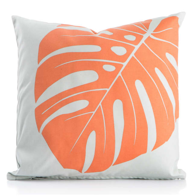 Pute m/polyester fyll grå m/korall monstera blad 45x45